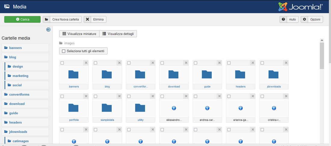 Interfaccia gestione media Joomla! 3