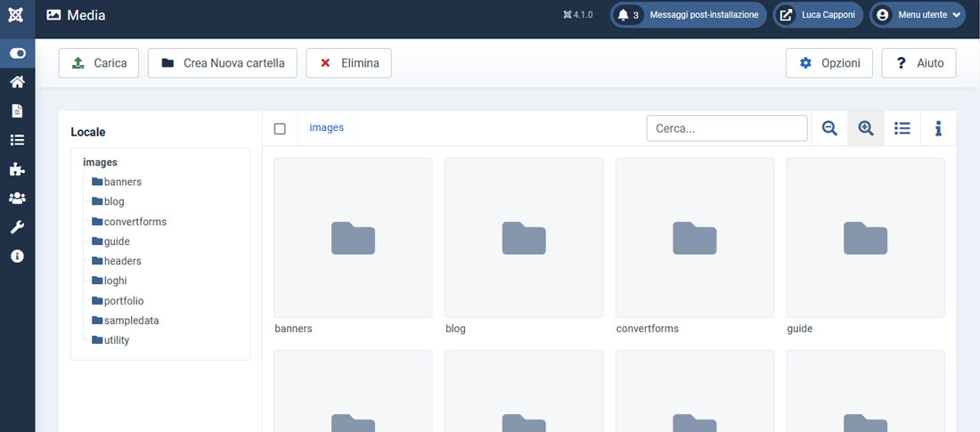 Interfaccia gestione media Joomla! 4