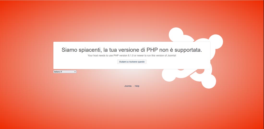 Schermata di errore per versioni di php minori ad 8.1 in Joomla! 5