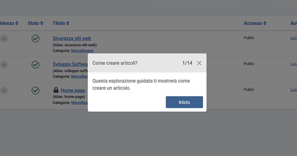 Tour guidati Joomla creazione articoli