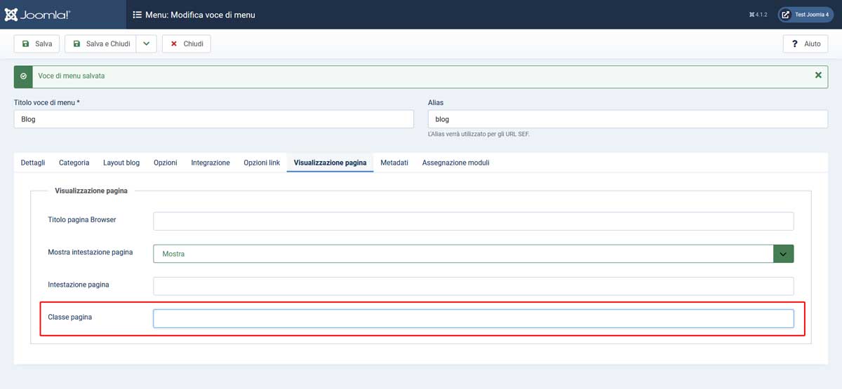 classe pagina menù joomla 4