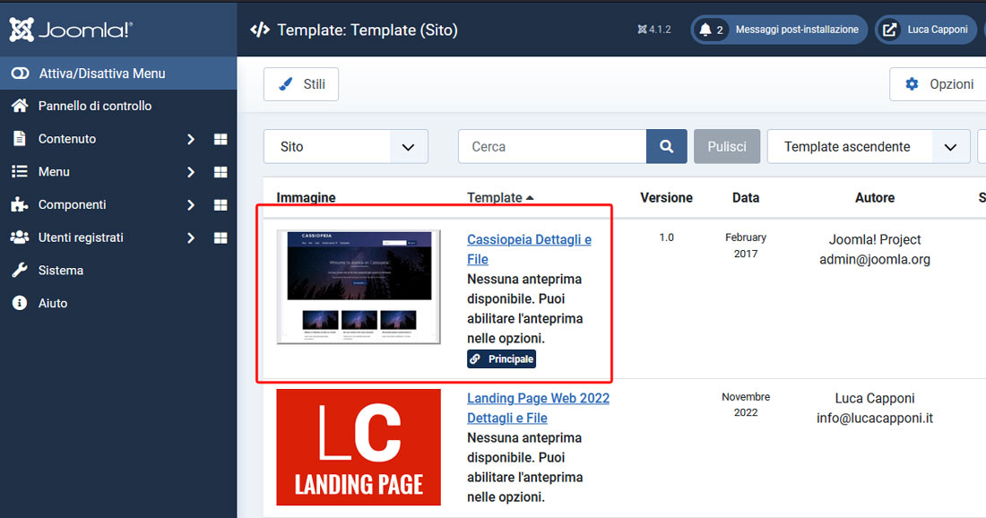 Creazionte template child Joomla 4, selelzione del termplate Cassiopeia