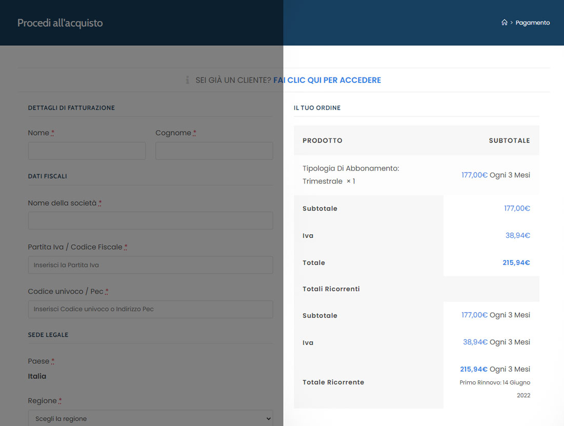 Esempio di pagamento ricorrente in abbonamento