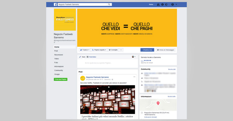 Pagina Facebook Negozio Fastweb Sanremo