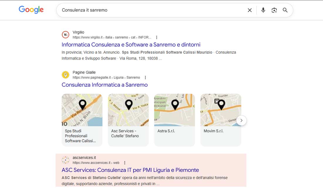 Posizionamento su google di ASC Services per Consulenza it Sanremo